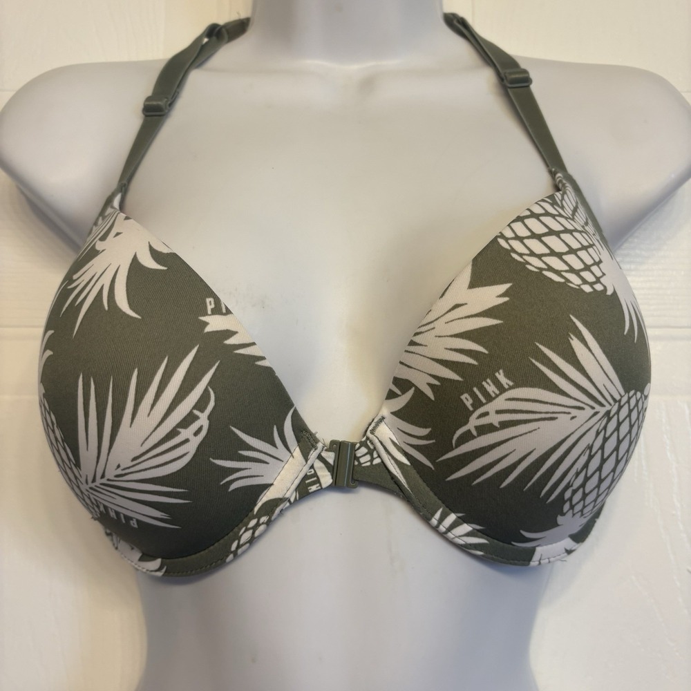 PINK Victoria's Secret Push Up Bra Women‎ 32DD Green Pineapple Cage Back NEW